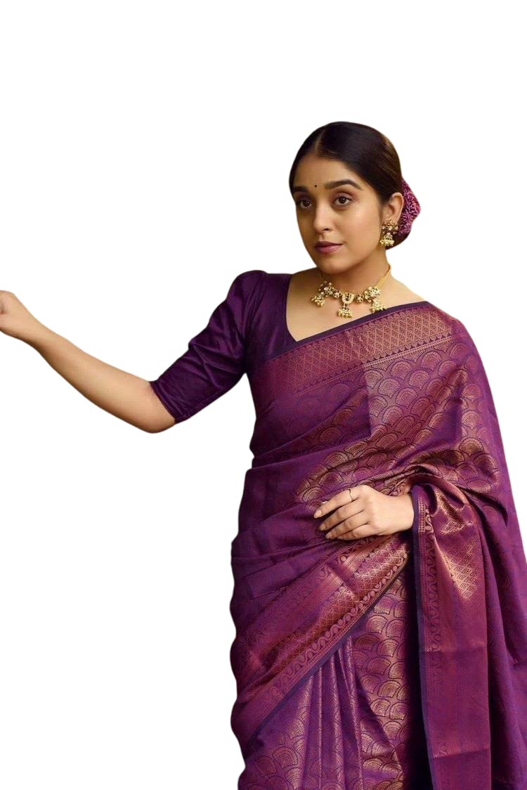 SGF11 Women's Kanjivaram Soft Silk Saree With Blouse Piece (Purple) - Image 1