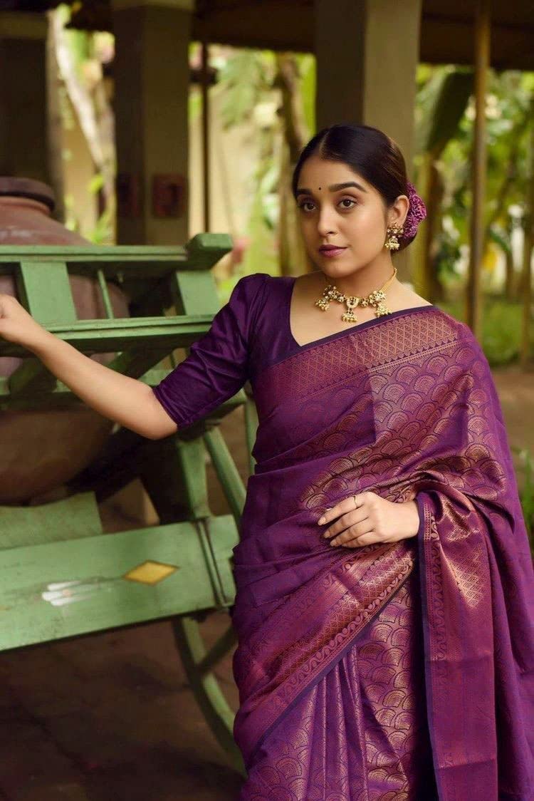 SGF11 Women's Kanjivaram Soft Silk Saree With Blouse Piece (Purple) - Image 2