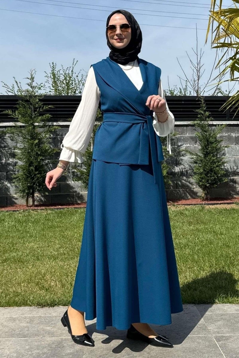 Rabia Şamlı Rabia Damask Elegant Skirt Vest Set Petrol Blue - Image 1