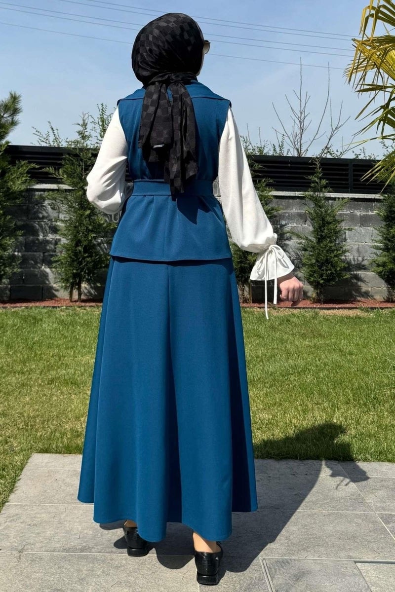 Rabia Şamlı Rabia Damask Elegant Skirt Vest Set Petrol Blue - Image 3