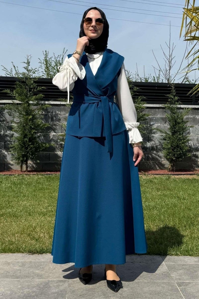 Rabia Şamlı Rabia Damask Elegant Skirt Vest Set Petrol Blue - Image 4