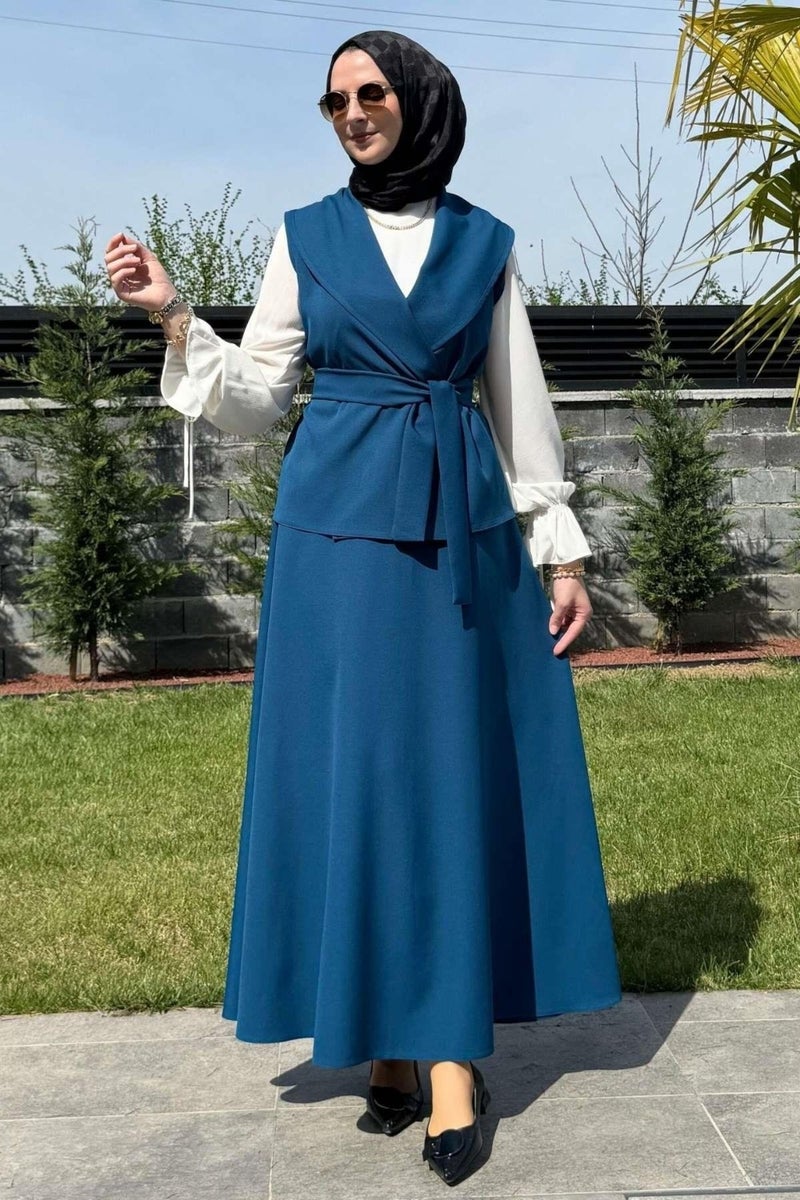 Rabia Şamlı Rabia Damask Elegant Skirt Vest Set Petrol Blue - Image 2