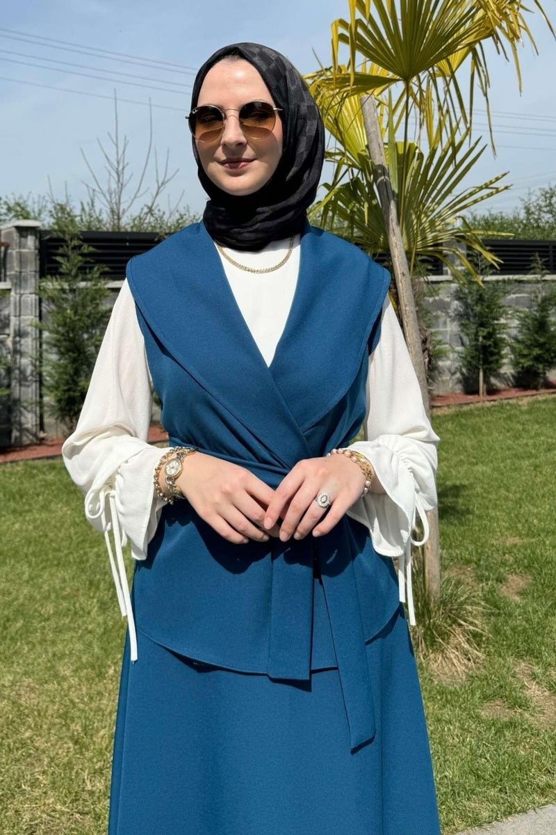 Rabia Şamlı Rabia Damask Elegant Skirt Vest Set Petrol Blue - Image 5