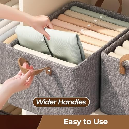 Nibbler Pack of 2 Store Wardrobe Organizer For Clothes With Metal Frame Rectangle Storage Basket For Clothing Fabric Storage Box With Handles Shelf Basket For Clothes Pants Jeans Sweater (2) - Image 3