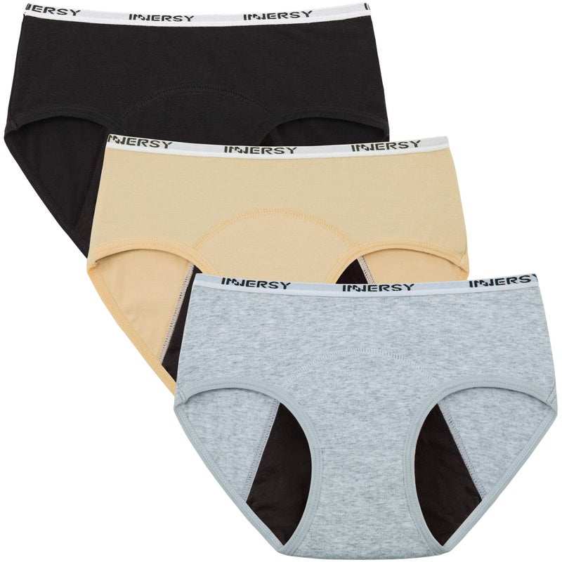 INNERSY Period Underwear for Teens Girls Cotton Leak-Proof Menstrual Panties 3-Pack(Basics,M(10-12 yrs)) - Image 1