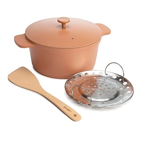 Goodful AllInOne Pot Multilayer Nonstick High Performance Cast Dutch Oven With Matching Lid Roasting Rack And Turner Made Without PFOA Dishwasher Safe Cookware 47Quart Terracotta