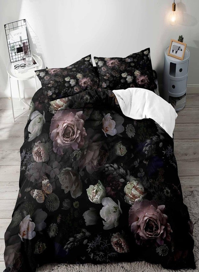 LUVIVIHOME طقم غطاء لحاف أسود مزهر من LUVIVIHOME مكون من 3 قطع، مقاس كينج، طقم سرير قوطي، غطاء لحاف داكن اللون بنمط فيكتوري عتيق مستوحى من أزهار الحدائق والنباتات، مزين بزهرة الفاوانيا والورد، مع غطاءين للوسائد. - Image 1