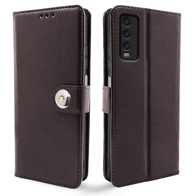 Pikkme Vivo Y12s / Y20 / Y20i / Y20G Flip Cover Leather Finish | Inside TPU with Card Pockets | Wallet Stand and Shock Proof | Complete Protection Flip Case (Button Coffee) - Image 1