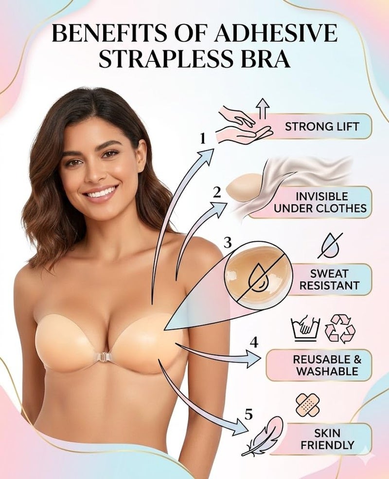 LEXUN Adhesive Bra Reusable Strapless Self Silicone Push-up Invisible Sticky Bras for Backless & Off Shoulder Dress Beige (in, Cup Band, C, 32, Regular, Beige) - Image 4