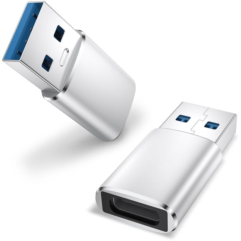 Tobfit Tobfit Pack 2 USB to USB C Adapter for iPhone 16 16e 15 Car Charger Adapter 2 Pack,Type C Female to USB A Male Cable Converter for iPhone 14 13 12 Pro Max Plus,AirPods,Samsung Galaxy S25 (Siliver) - Image 1