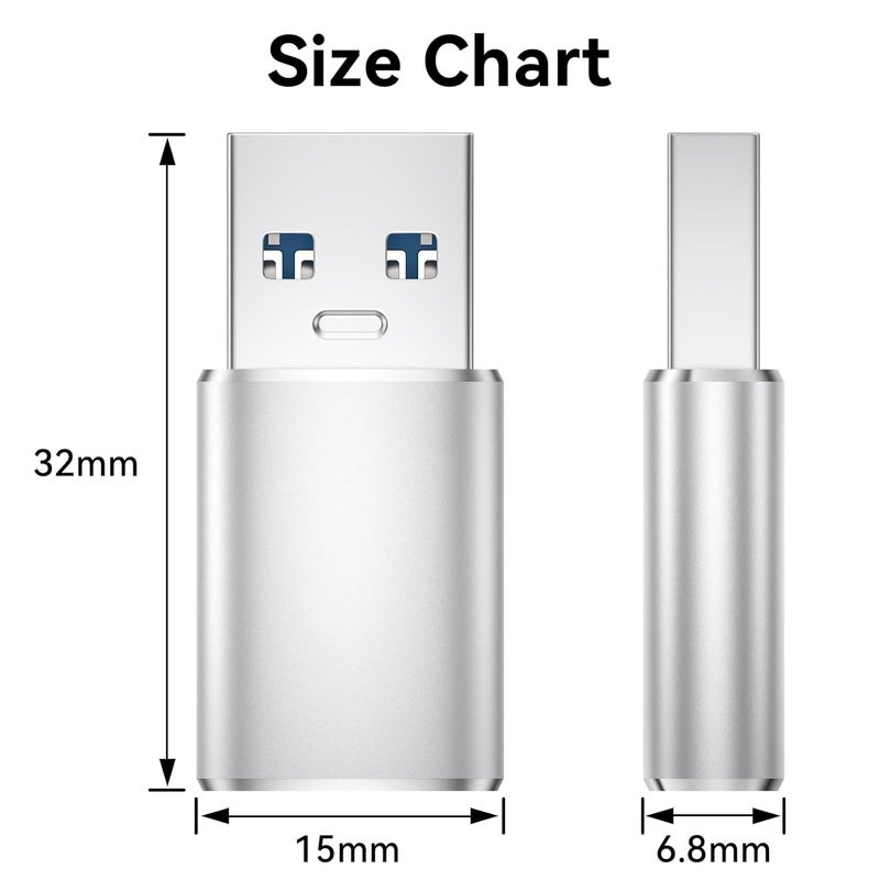 Tobfit Tobfit Pack 2 USB to USB C Adapter for iPhone 16 16e 15 Car Charger Adapter 2 Pack,Type C Female to USB A Male Cable Converter for iPhone 14 13 12 Pro Max Plus,AirPods,Samsung Galaxy S25 (Siliver) - Image 4