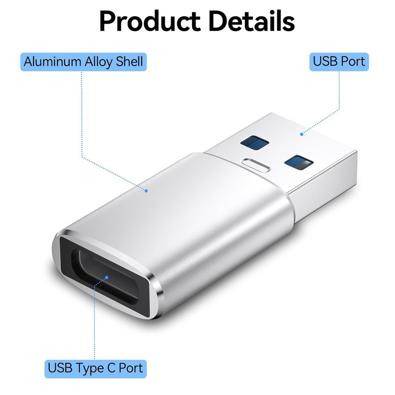 Tobfit Tobfit Pack 2 USB to USB C Adapter for iPhone 16 16e 15 Car Charger Adapter 2 Pack,Type C Female to USB A Male Cable Converter for iPhone 14 13 12 Pro Max Plus,AirPods,Samsung Galaxy S25 (Siliver) - Image 2