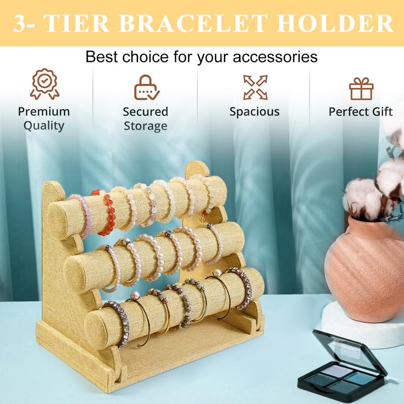 M'AYCREATE ® 3-Tier Bracelet Organizer Linen Jewelry Wristwatch Holder Desk Display Stand for Watch, Bangle, Bracelet, Retro Showcase Rack Boutique Shop Wrist Pieces Display Holder - Image 5