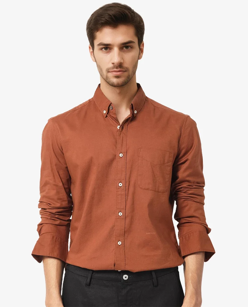 Rare Rabbit Rare Rabbit Men's Auxfo Brown Cotton Fabric Full Sleeves Solid Shirt