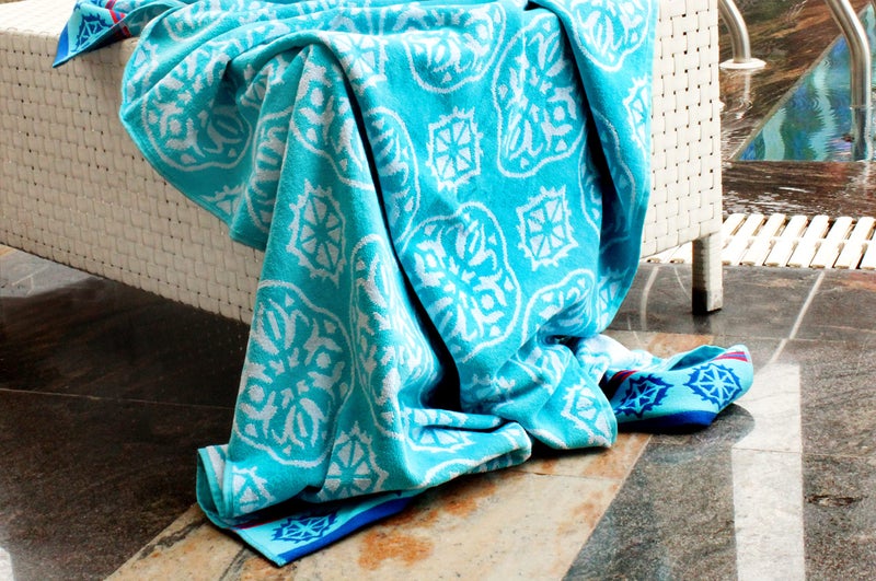 COTTON CRAFT Oversized Extra Wide XL Beach Blanket Towel for Two - 58x68-100% Cotton Velour - Big & Huge - Pool Picnic Bath Jacquard Thick Plush Super Soft Luxury - 450 GSM - Summer Trellis Pool Blue - Image 4
