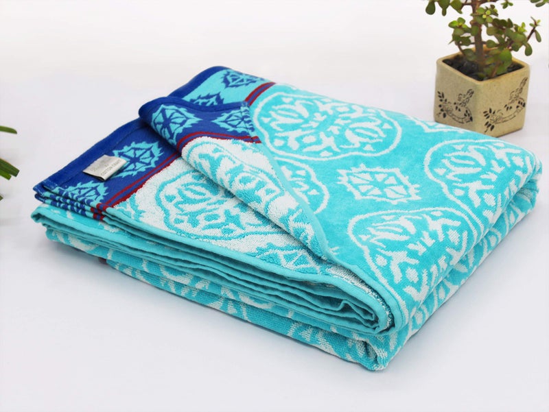 COTTON CRAFT Oversized Extra Wide XL Beach Blanket Towel for Two - 58x68-100% Cotton Velour - Big & Huge - Pool Picnic Bath Jacquard Thick Plush Super Soft Luxury - 450 GSM - Summer Trellis Pool Blue - Image 3