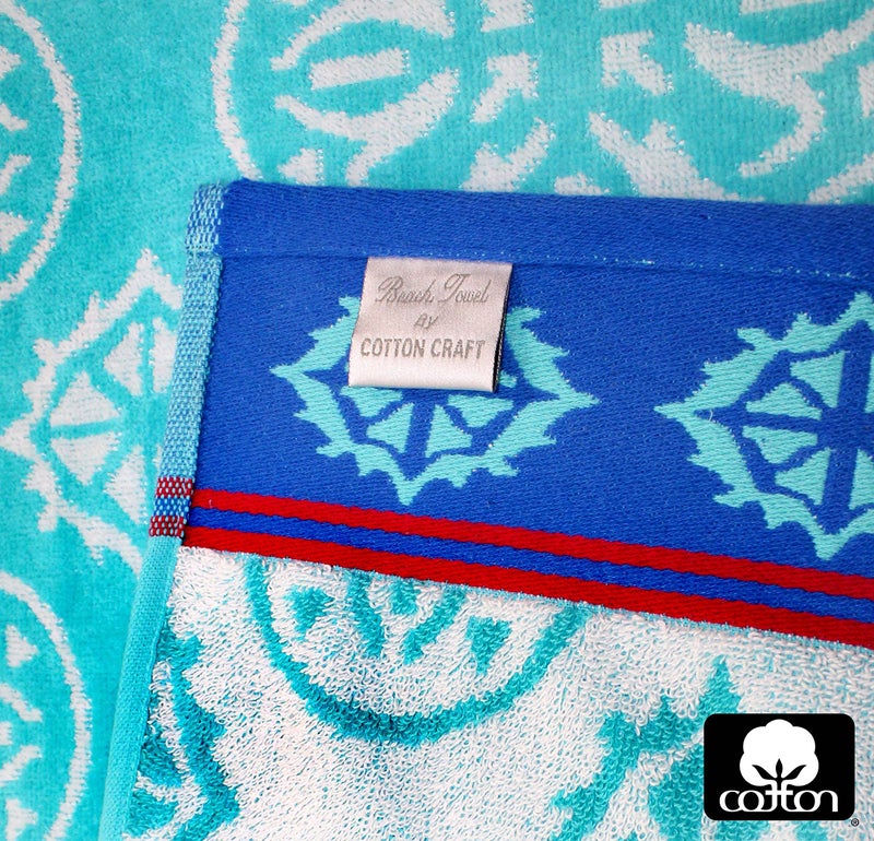 COTTON CRAFT Oversized Extra Wide XL Beach Blanket Towel for Two - 58x68-100% Cotton Velour - Big & Huge - Pool Picnic Bath Jacquard Thick Plush Super Soft Luxury - 450 GSM - Summer Trellis Pool Blue - Image 2