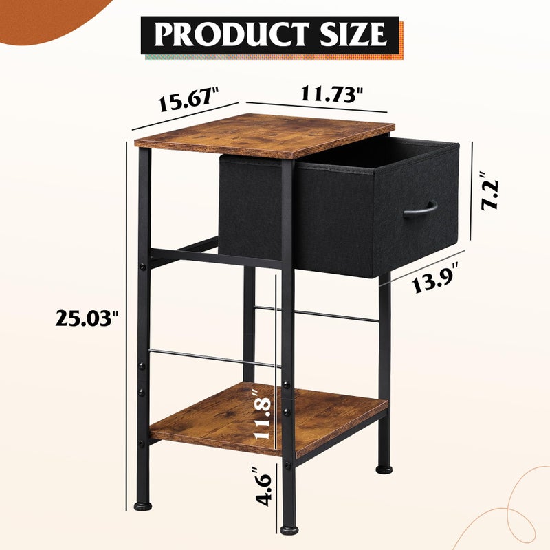 WLIVE Nightstand Set of 2, End Table with Fabric Storage Drawer and Open Wood Shelf, Bedside Furniture with Steel Frame, Side Table for Bedroom, Dorm, Black and Rustic Brown, 25.03" Height - Image 3