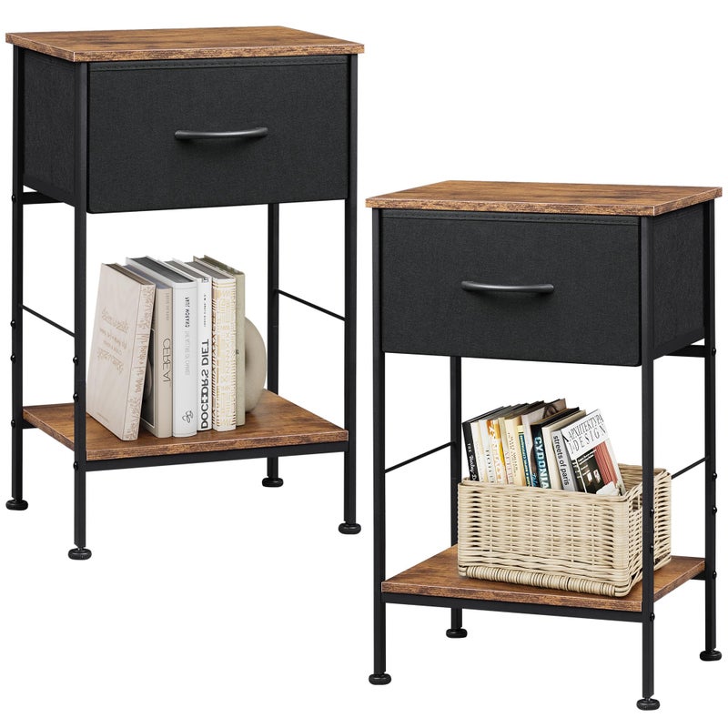 WLIVE Nightstand Set of 2, End Table with Fabric Storage Drawer and Open Wood Shelf, Bedside Furniture with Steel Frame, Side Table for Bedroom, Dorm, Black and Rustic Brown, 25.03" Height - Image 1