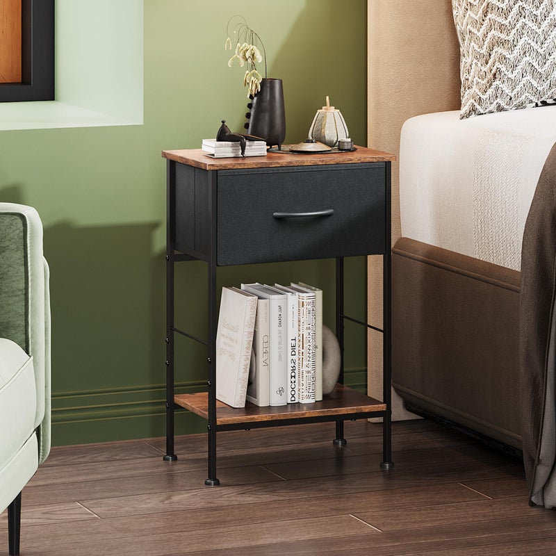 WLIVE Nightstand Set of 2, End Table with Fabric Storage Drawer and Open Wood Shelf, Bedside Furniture with Steel Frame, Side Table for Bedroom, Dorm, Black and Rustic Brown, 25.03" Height - Image 2