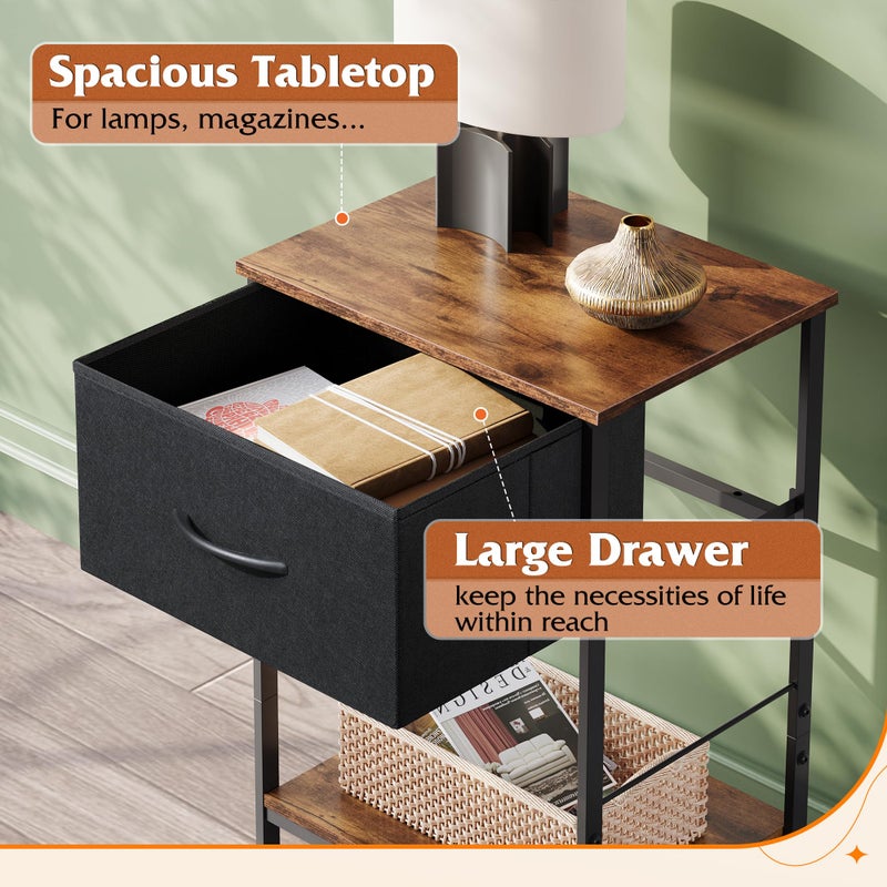 WLIVE Nightstand Set of 2, End Table with Fabric Storage Drawer and Open Wood Shelf, Bedside Furniture with Steel Frame, Side Table for Bedroom, Dorm, Black and Rustic Brown, 25.03" Height - Image 5