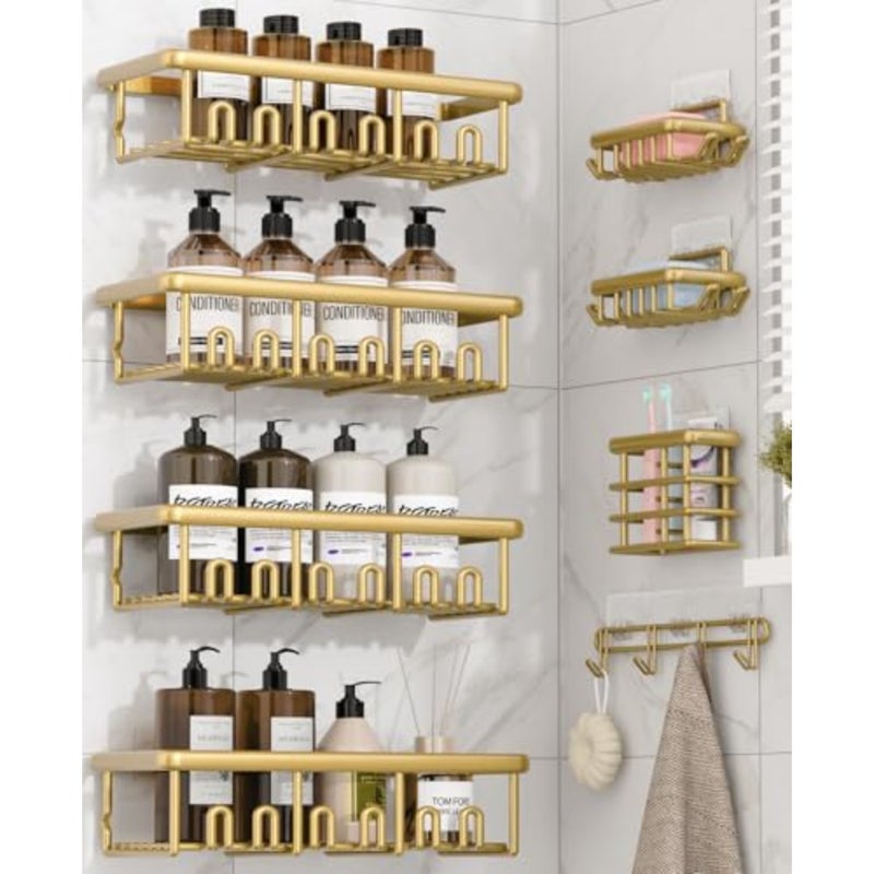 8 Pack Adhesive Rustproof Shower Caddy with Soap Dishes, Toothbrush Holder and Hooks, Large Capacity No-Drilling Shower Shelves Rack for Bathroom Organizers and Storage Accessories