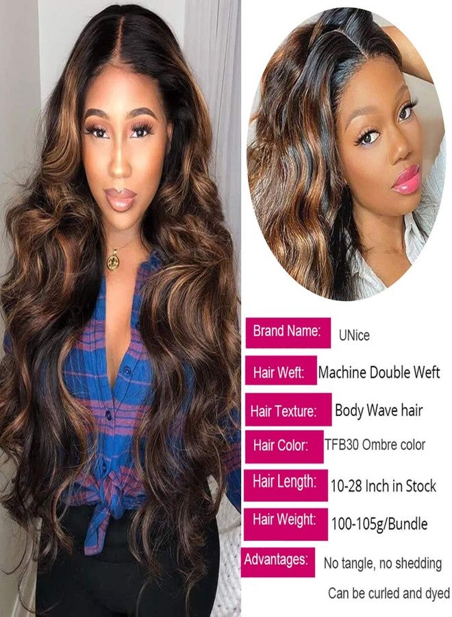 UNice Ombre Brown Highlight Body Wave Human Hair Weave 1 bundle 12 inch, Brazilian Remy Hair Dark Root Blonde Human Hair Weaves Extension Piano Color TFB30 - Image 4