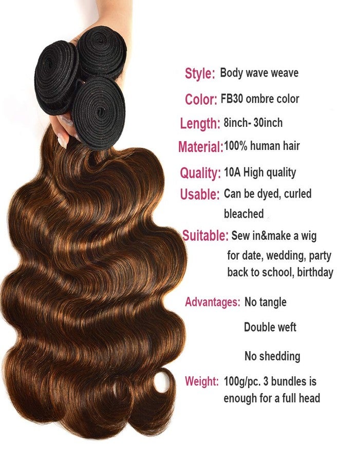 UNice Ombre Brown Highlight Body Wave Human Hair Weave 1 bundle 12 inch, Brazilian Remy Hair Dark Root Blonde Human Hair Weaves Extension Piano Color TFB30 - Image 5
