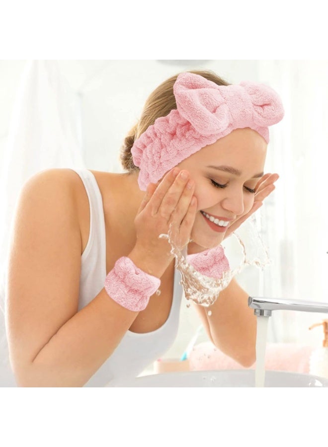 طقم ثلاث قطع لغسل الوجه للنساء، مع حزام رأس ومعصم من فليس كورال، ماص للماء، أداة مكافحة البلل للعناية بالبشرة أثناء غسل الوجه. - Image 2