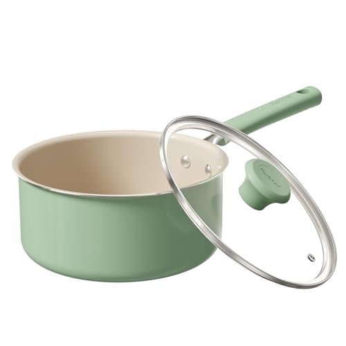 Redchef Ceramic Nonstick Saucepan with Lid 3QT Small Cooking PotNon Toxic Sauce Pans for Kitchen Cool Handle PFAS Free Compatible with All Cooktops Green - Image 1