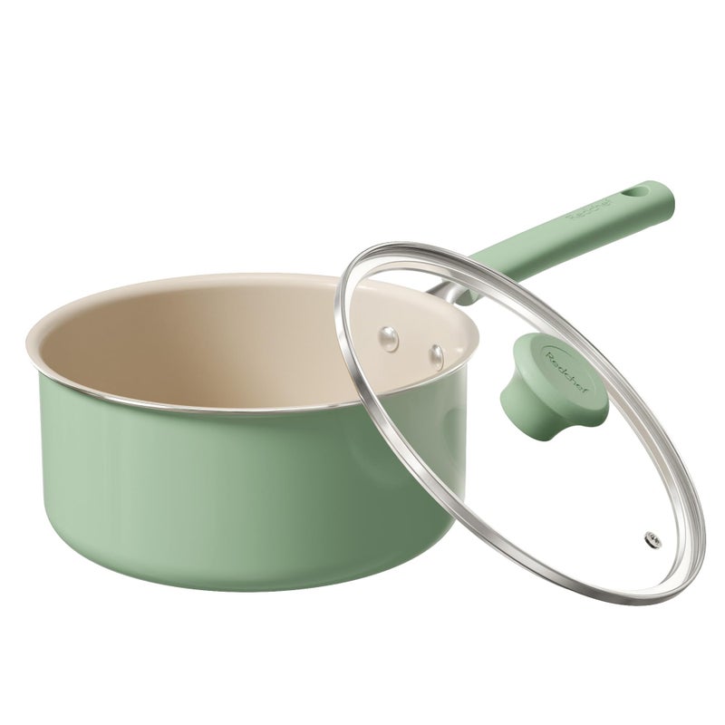 Redchef Ceramic Nonstick Saucepan with Lid 3QT Small Cooking PotNon Toxic Sauce Pans for Kitchen Cool Handle PFAS Free Compatible with All Cooktops Green - Image 2