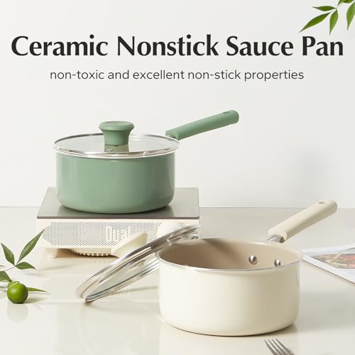Redchef Ceramic Nonstick Saucepan with Lid 3QT Small Cooking PotNon Toxic Sauce Pans for Kitchen Cool Handle PFAS Free Compatible with All Cooktops Green - Image 3
