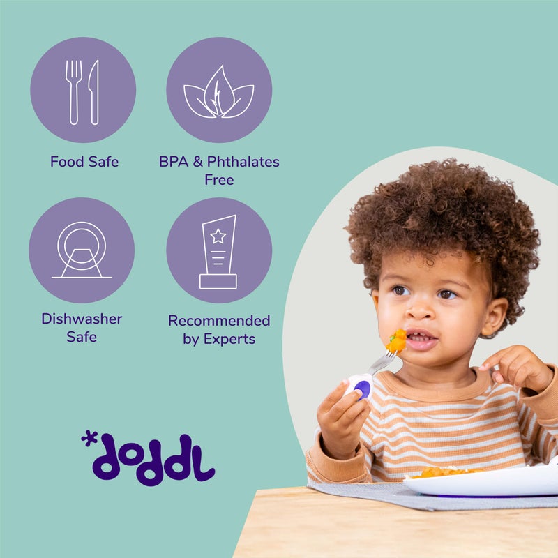 doddl Toddler Utensils, Ergonomic Fork and Spoon Set for Self Feeding, Stainless Steel Silverware for 1-3 Year Olds, BPA Free, Dishwasher Safe (Indigo) - Image 5