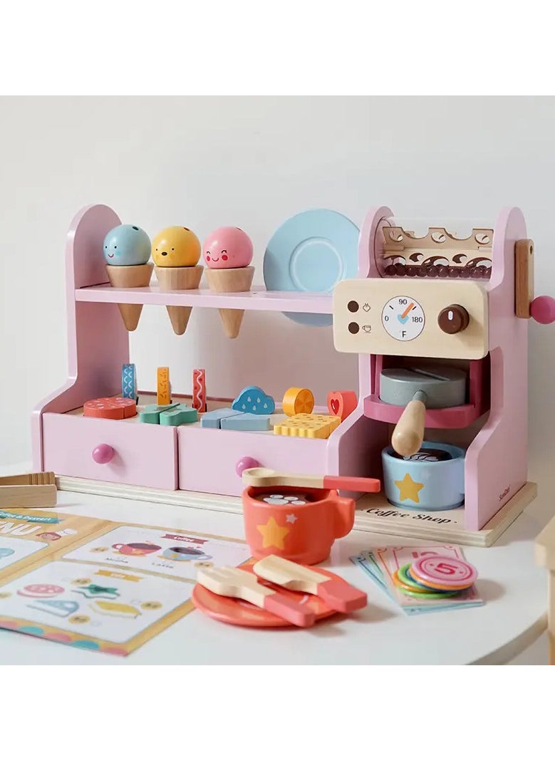 summidate Luxury Wooden Coffee & Ice Cream Counter Playset for Kids - Pretend Play Kitchen Toy with Accessories, Perfect for Early Education and Role-Playing Fun, 46.5x25x16 cm, 4kg  - Image 1