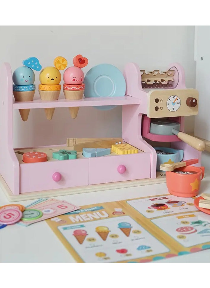 summidate Luxury Wooden Coffee & Ice Cream Counter Playset for Kids - Pretend Play Kitchen Toy with Accessories, Perfect for Early Education and Role-Playing Fun, 46.5x25x16 cm, 4kg  - Image 2