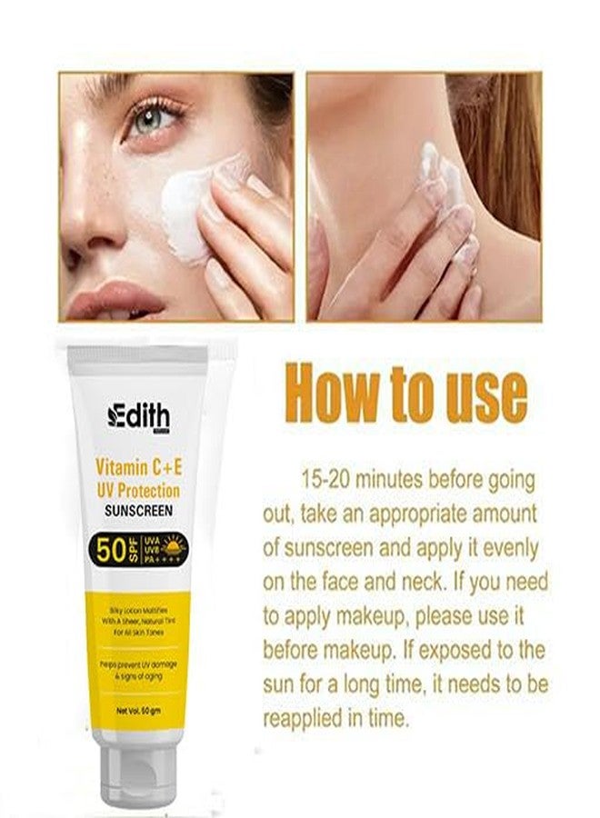 EDITH واقي شمس إديث بفيتامين C+E للحماية من الأشعة فوق البنفسجية SPF 50، لوشن حريري مطفي، لون طبيعي، حماية من الأشعة فوق البنفسجية UVA وUVB وPA+++، مناسب لجميع ألوان البشرة، 50 غرام - Image 4
