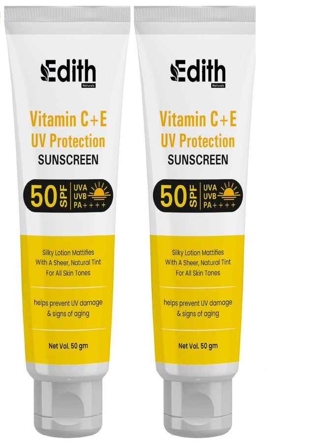 EDITH واقي شمس إديث بفيتامين C+E للحماية من الأشعة فوق البنفسجية SPF 50، لوشن حريري مطفي، لون طبيعي، حماية من الأشعة فوق البنفسجية UVA وUVB وPA+++، مناسب لجميع ألوان البشرة، 50 غرام - Image 1