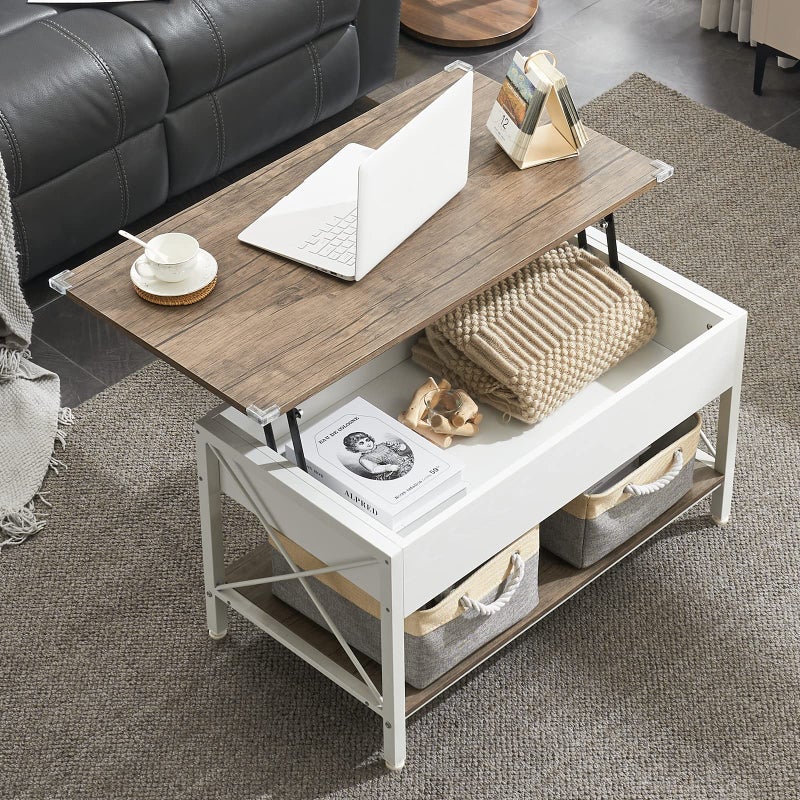 VINGLI Lift Top Coffee Table with Two Free HQ Cloth Bins Storage Farmhouse White for Living Room Small Space in MinimalisticRetro Style Walnut 36