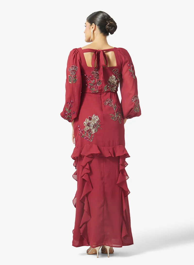 مايا Square Neck Embellished Ruffle Maxi Dress