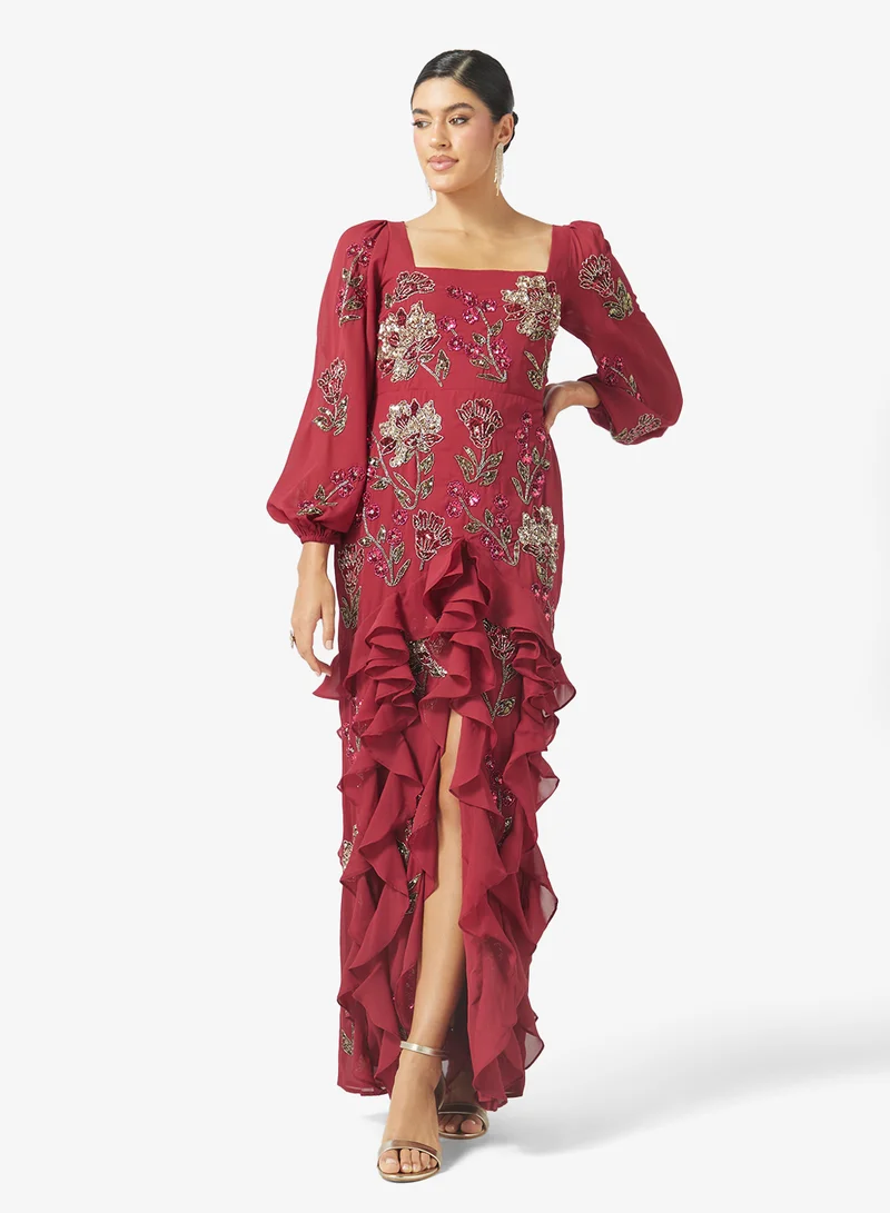 مايا Square Neck Embellished Ruffle Maxi Dress