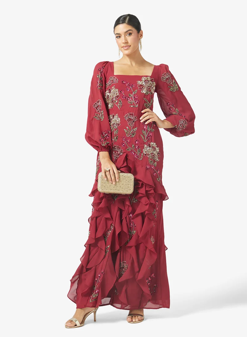 Maya  Square Neck Embellished Ruffle Maxi Dress for Women | Best Price UAE