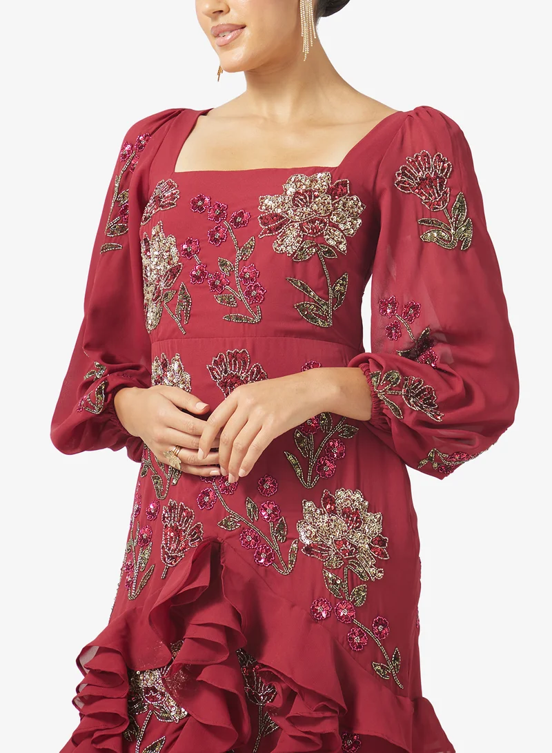 Maya  Square Neck Embellished Ruffle Maxi Dress for Women | Best Price UAE