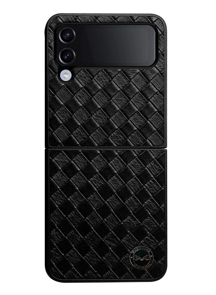CATANES Samsung Galaxy Z Flip 4 Braided Leather Case Folding Slim Full Body Protection Fashion Woven Cover Compatible with Galaxy Z Flip4 2022 6.7 inch Carbon Black - Image 1