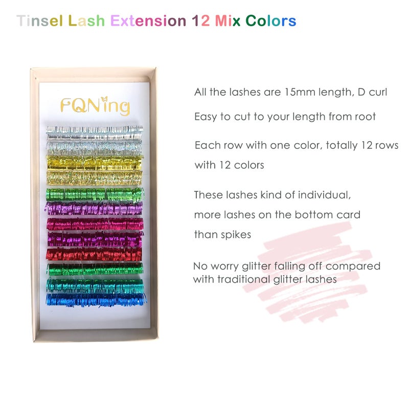 FQNing Tinsel Lash Extension 12 Colors Rainbow Glittery Holographic Eyelash Extension Cluster(T-12 Colors, 15mm) - Image 5