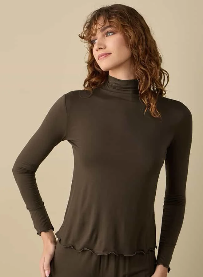 FAV High Neck Long Sleeves Top with Lettuce Hem