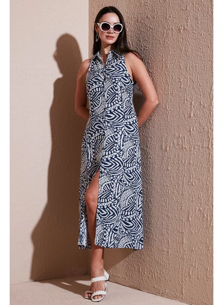 ليلا Patterned Slim Fit Buttoned Midi Length Shirt Dress Women's Dress 6772451