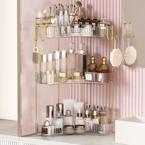 Greenby 3-Tier Corner Bathroom Counter Organizer，Makeup & Skincare Shelf with Built-in Brush Holder，Space-Saving Bathroom Countertop Organizer for Skincare, Perfume, Cosmetics(Clear) - Image 1