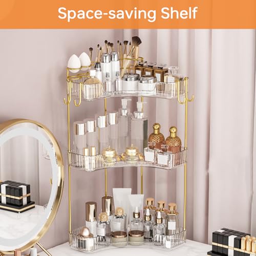 Greenby 3-Tier Corner Bathroom Counter Organizer，Makeup & Skincare Shelf with Built-in Brush Holder，Space-Saving Bathroom Countertop Organizer for Skincare, Perfume, Cosmetics(Clear) - Image 4