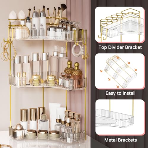 Greenby 3-Tier Corner Bathroom Counter Organizer，Makeup & Skincare Shelf with Built-in Brush Holder，Space-Saving Bathroom Countertop Organizer for Skincare, Perfume, Cosmetics(Clear) - Image 3