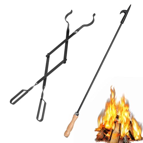 AGM 26 Fireplace Fire Pit Tongs 32 Fire Pit Poker Fireplace Wood Stove Firewood Tongs Black Heavy Duty Wrought Iron Log Grabber Tools for Campfire Bonfires Indoor Outdoor Use - Image 1
